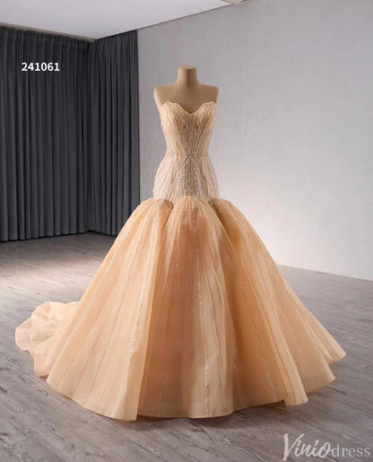 Strapless Mermaid Wedding Dresses Beaded Trumpet Bridal Gown Corset Back 241061-wedding dresses 2025 -Viniodress-Ivory-Custom Size-