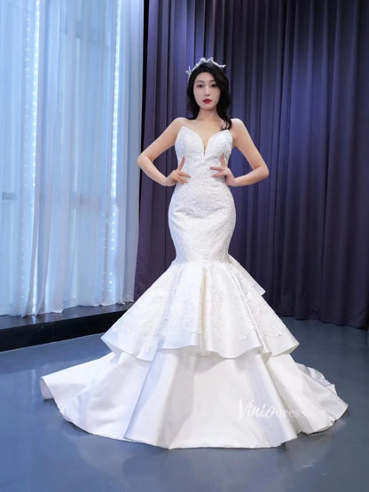 Strapless Mermaid Wedding Dresses Lace Appliqued Trumpet Gown 67471-wedding dresses 2025 -Viniodress-Ivory-Custom Size-