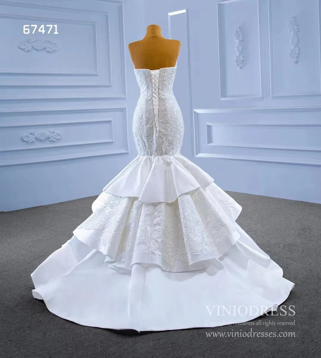 Strapless Mermaid Wedding Dresses Lace Appliqued Trumpet Gown 67471-wedding dresses 2025 -Viniodress-Ivory-Custom Size-