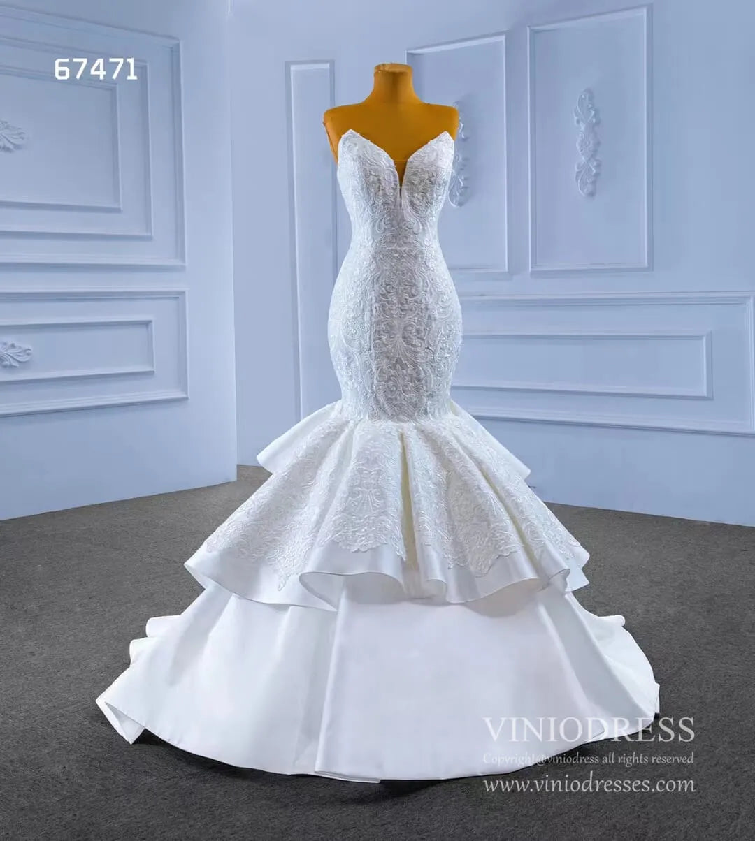 Strapless Mermaid Wedding Dresses Lace Appliqued Trumpet Gown 67471-wedding dresses 2025 -Viniodress-Ivory-Custom Size-