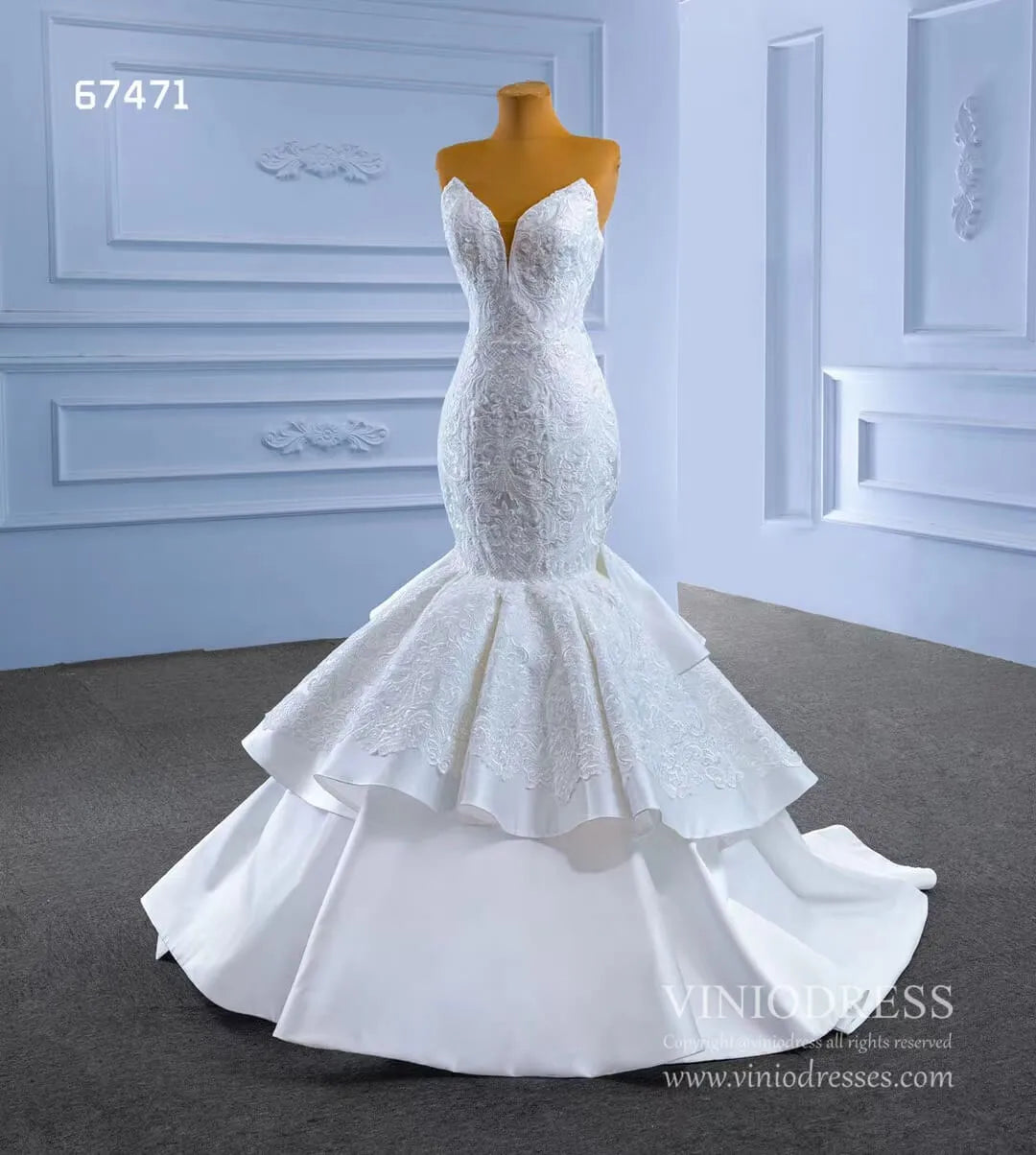 Strapless Mermaid Wedding Dresses Lace Appliqued Trumpet Gown 67471-wedding dresses 2025 -Viniodress-Ivory-Custom Size-