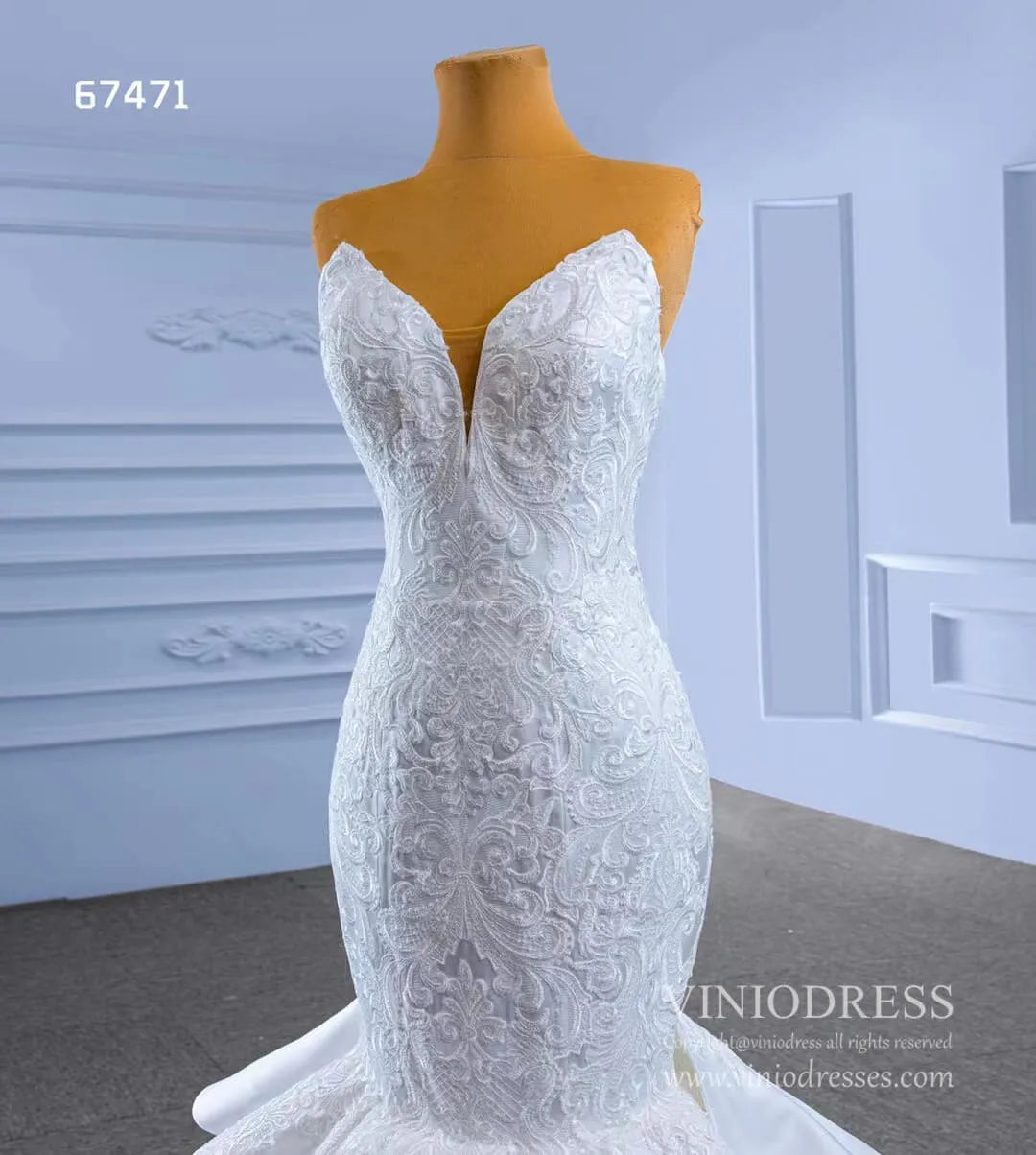 Strapless Mermaid Wedding Dresses Lace Appliqued Trumpet Gown 67471-wedding dresses 2025 -Viniodress-Ivory-Custom Size-
