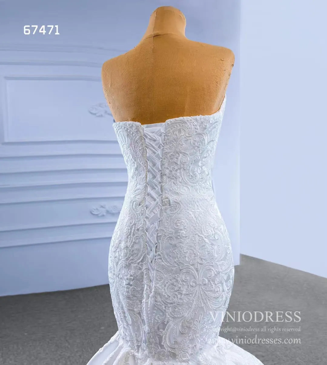 Strapless Mermaid Wedding Dresses Lace Appliqued Trumpet Gown 67471-wedding dresses 2025 -Viniodress-Ivory-Custom Size-