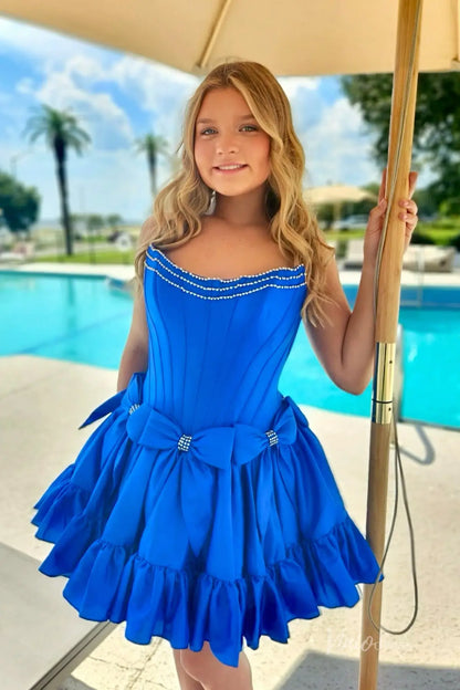 Strapless Mini Homecoming Dress with Bow, Ruffle Skirt, Corset Bodice, Rhinestone Neckline – H1119-Homecoming Dresses 2025 -Viniodress-Blue-Custom Size-