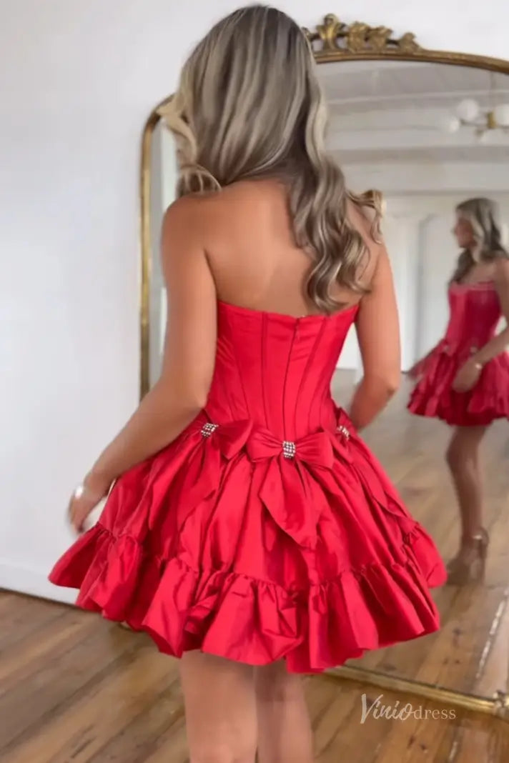 Strapless Mini Homecoming Dress with Bow, Ruffle Skirt, Corset Bodice, Rhinestone Neckline – H1119-Homecoming Dresses 2025 -Viniodress-Fuchsia-Custom Size-