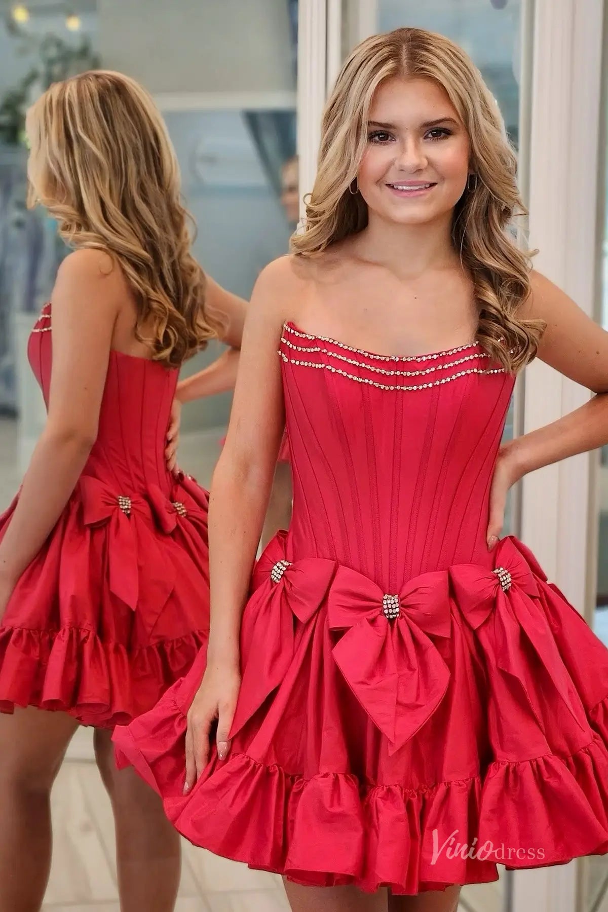Strapless Mini Homecoming Dress with Bow, Ruffle Skirt, Corset Bodice, Rhinestone Neckline – H1119-Homecoming Dresses 2025 -Viniodress-Fuchsia-Custom Size-