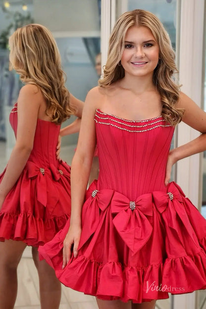 Strapless Mini Homecoming Dress with Bow, Ruffle Skirt, Corset Bodice, Rhinestone Neckline – H1119-Homecoming Dresses 2025 -Viniodress-Fuchsia-Custom Size-