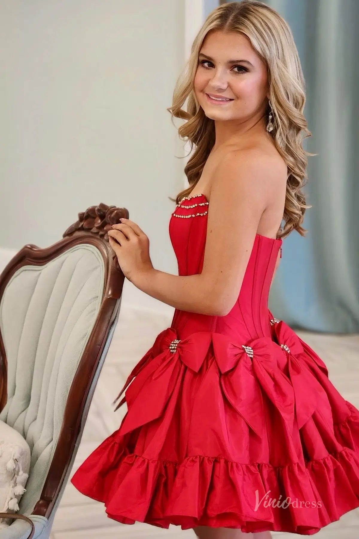 Strapless Mini Homecoming Dress with Bow, Ruffle Skirt, Corset Bodice, Rhinestone Neckline – H1119-Homecoming Dresses 2025 -Viniodress-Fuchsia-Custom Size-
