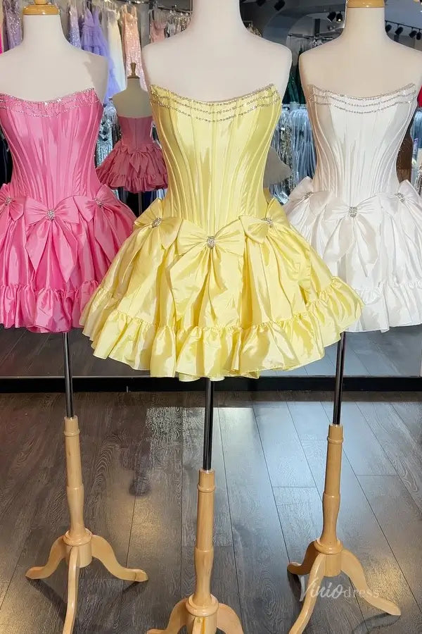 Strapless Mini Homecoming Dress with Bow, Ruffle Skirt, Corset Bodice, Rhinestone Neckline – H1119-Homecoming Dresses 2025 -Viniodress-Fuchsia-Custom Size-