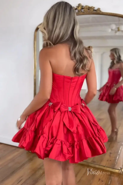 Strapless Mini Homecoming Dress with Bow, Ruffle Skirt, Corset Bodice, Rhinestone Neckline – H1119-Homecoming Dresses 2025 -Viniodress-Fuchsia-Custom Size-