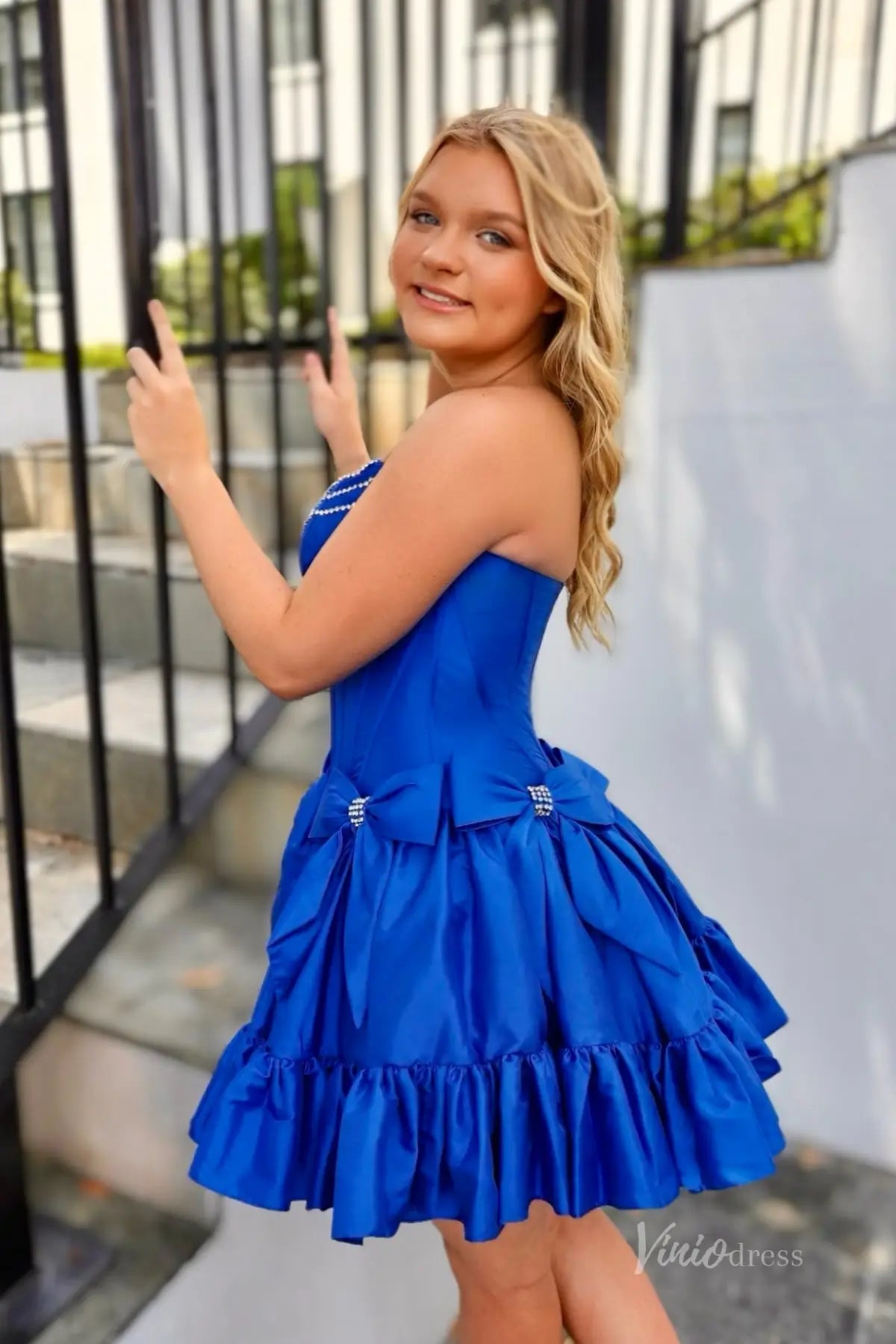 Strapless Mini Homecoming Dress with Bow, Ruffle Skirt, Corset Bodice, Rhinestone Neckline – H1119-Homecoming Dresses 2025 -Viniodress-Fuchsia-Custom Size-