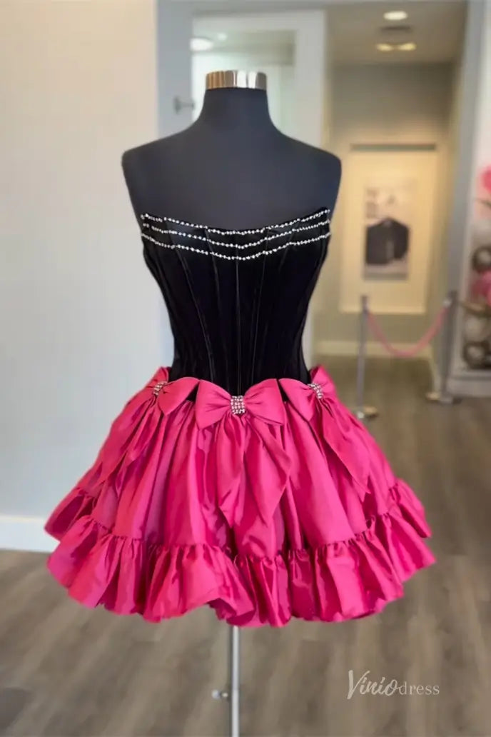 Strapless Mini Homecoming Dress with Bow, Ruffle Skirt, Corset Bodice, Rhinestone Neckline – H1119-Homecoming Dresses 2025 -Viniodress-Fuchsia-Custom Size-