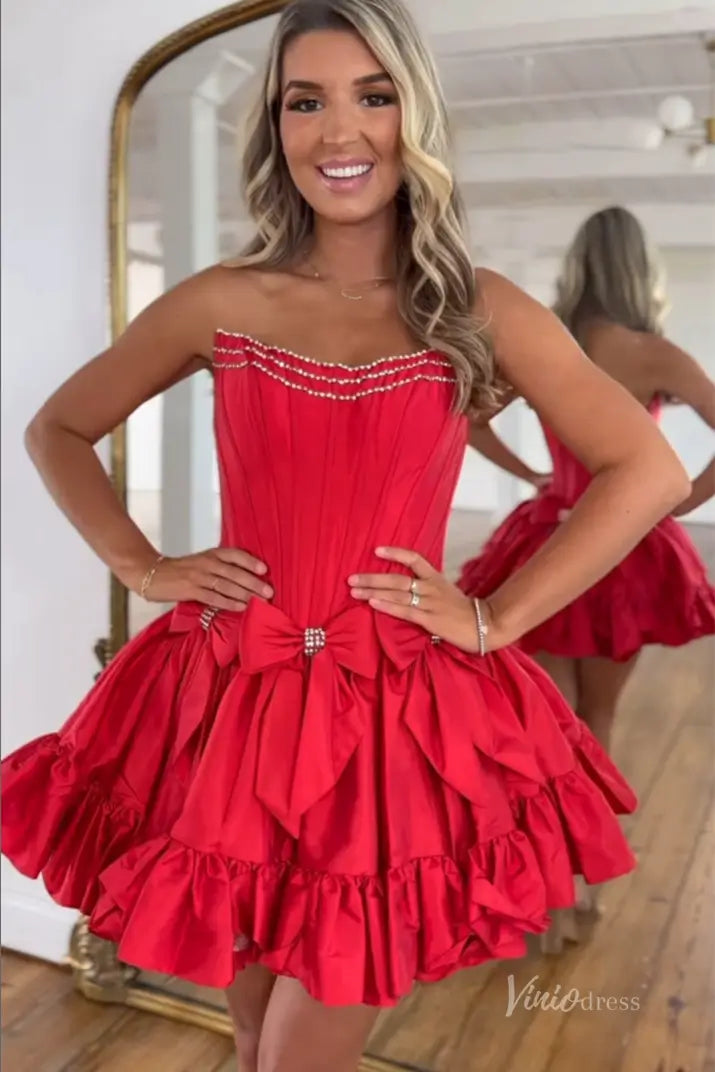 Strapless Mini Homecoming Dress with Bow, Ruffle Skirt, Corset Bodice, Rhinestone Neckline – H1119-Homecoming Dresses 2025 -Viniodress-Red-Custom Size-