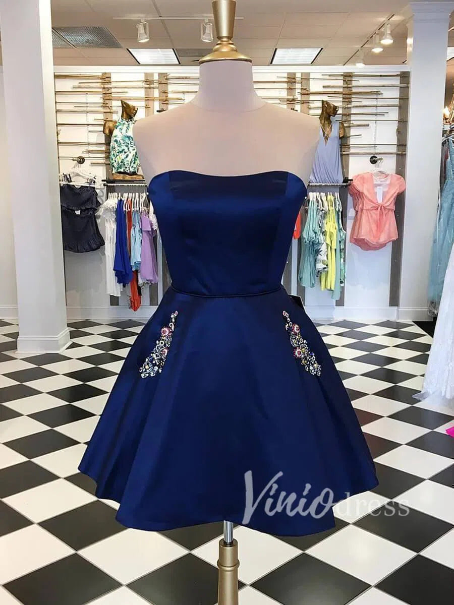 Short Prom Dresses 2025 Strapless Navy Blue Homecoming Dresses with Pockets SD1163-homecoming dresses-Viniodress-Navy Blue-Custom Size-Viniodress