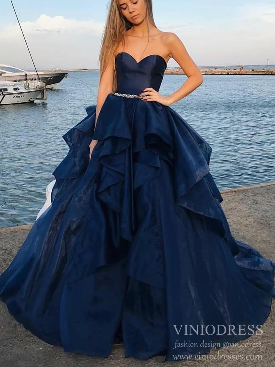 Prom Dress 2025 Strapless Navy Blue Layered Prom Dresses Sweetheart Sweet 16 Dress FD2101-unique prom dresses-Navy Blue-Custom Size-Viniodress