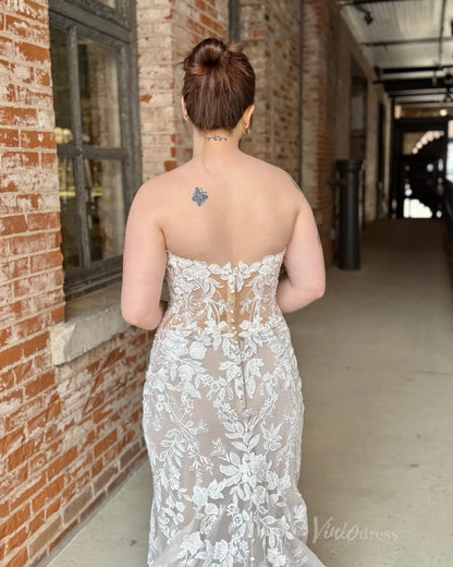 Strapless Nude Mermaid Wedding Dress | Lace Appliqués, Sweetheart Neck, Chapel Train ML146-wedding dresses 2025 -Viniodress-Nude-Custom Size-