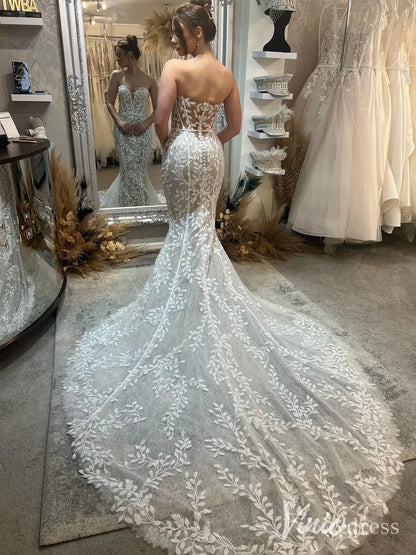 Strapless Nude Mermaid Wedding Dress with Sweetheart Neckline, Lace Appliqué & Chapel Train – ML113-wedding dresses 2025 -Viniodress-Nude-Custom Size-