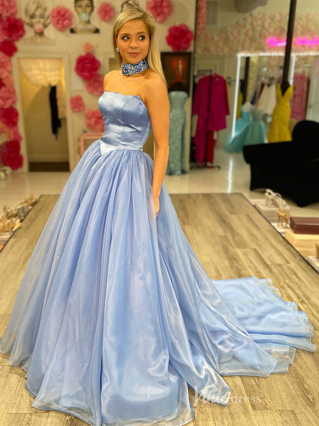Strapless Organza Prom Dresses Satin Boidce Formal Gown with Necklace FD3999-prom dresses 2025 -Viniodress-Light Blue-Custom Size-