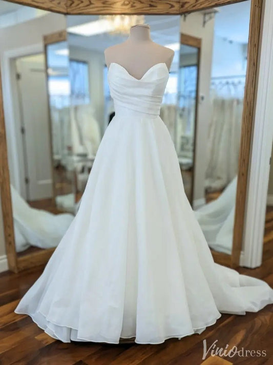 Strapless Organza Wedding Dress with Draped Bodice and Button-Back Train – VW2565-wedding dresses 2025 -Viniodress-White-Custom Size-