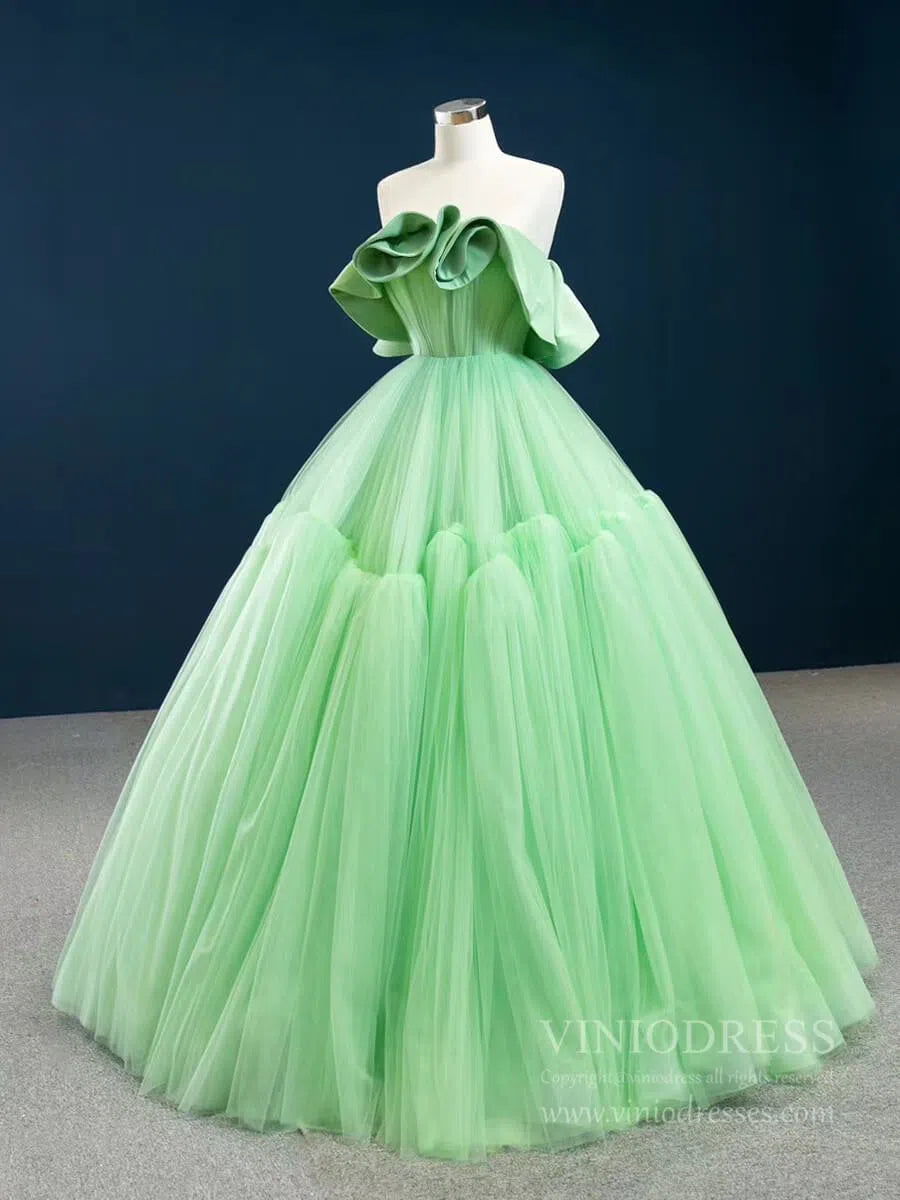 prom dresses 2025 Strapless Pale Green Prom Dresses Simple Tulle Sweet 16 Dress FD2443-plus size wedding dresses Viniodress-As Picture-Custom Size-