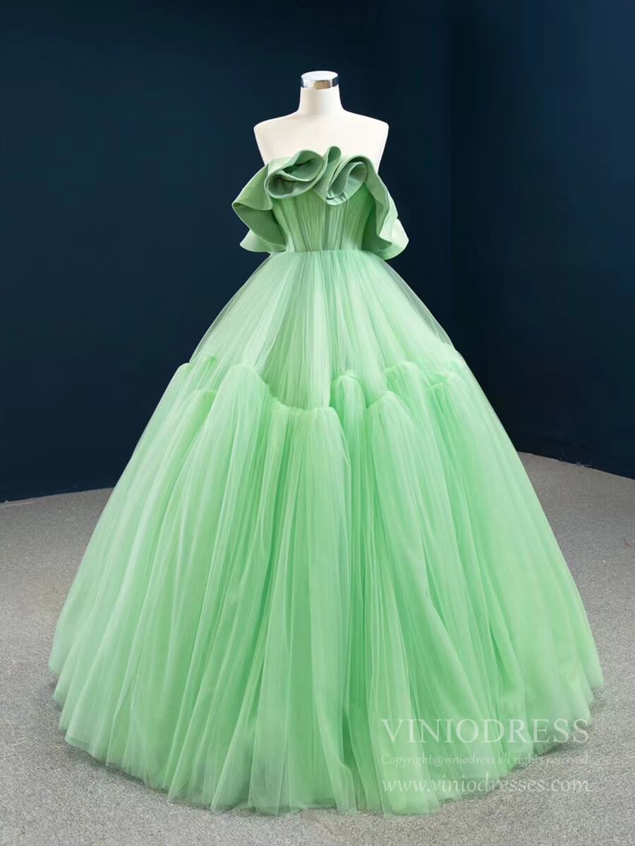 Prom Dress 2025 Strapless Pale Green Prom Dresses Simple Tulle Sweet 16 Dress FD2443-unique prom dresses-As Picture-Custom Size-Viniodress