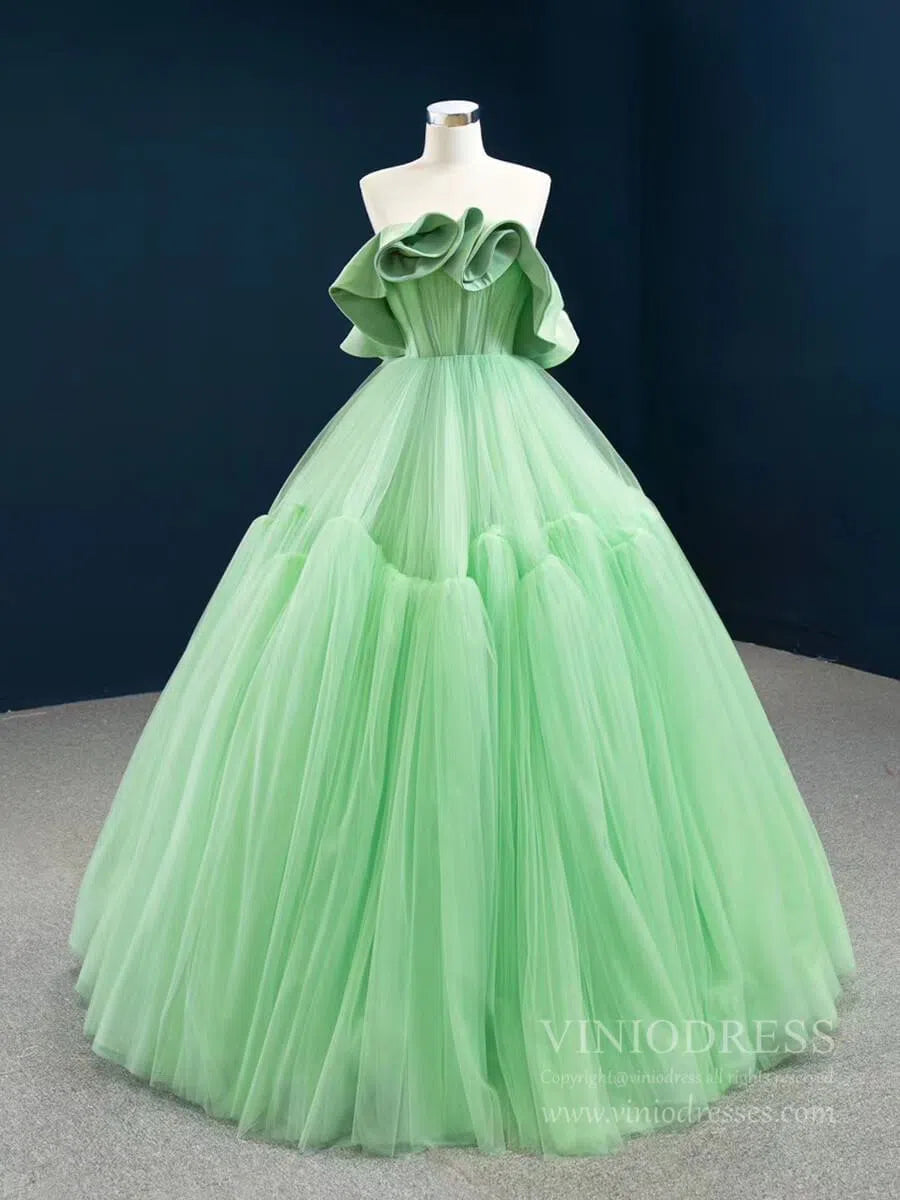 prom dresses 2025 Strapless Pale Green Prom Dresses Simple Tulle Sweet 16 Dress FD2443-plus size wedding dresses Viniodress-As Picture-Custom Size-