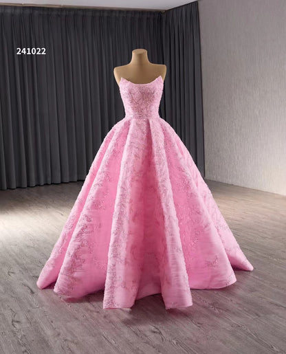 Strapless Pink Ball Gown Prom Dresses Beaded Wedding Gown 241022-Quinceanera Dresses 2025 -Viniodress-Pink-Custom Size-
