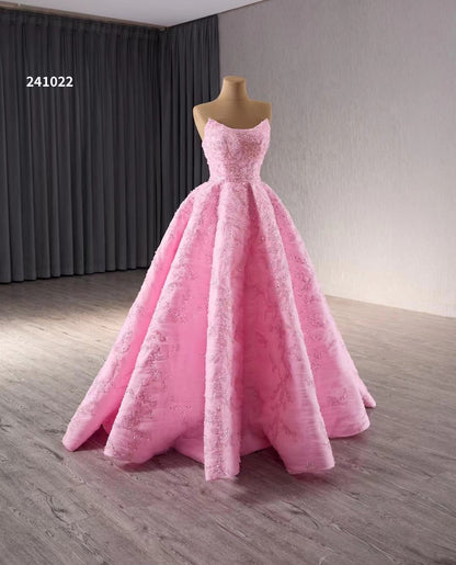 Strapless Pink Ball Gown Prom Dresses Beaded Wedding Gown 241022-Quinceanera Dresses 2025 -Viniodress-Pink-Custom Size-