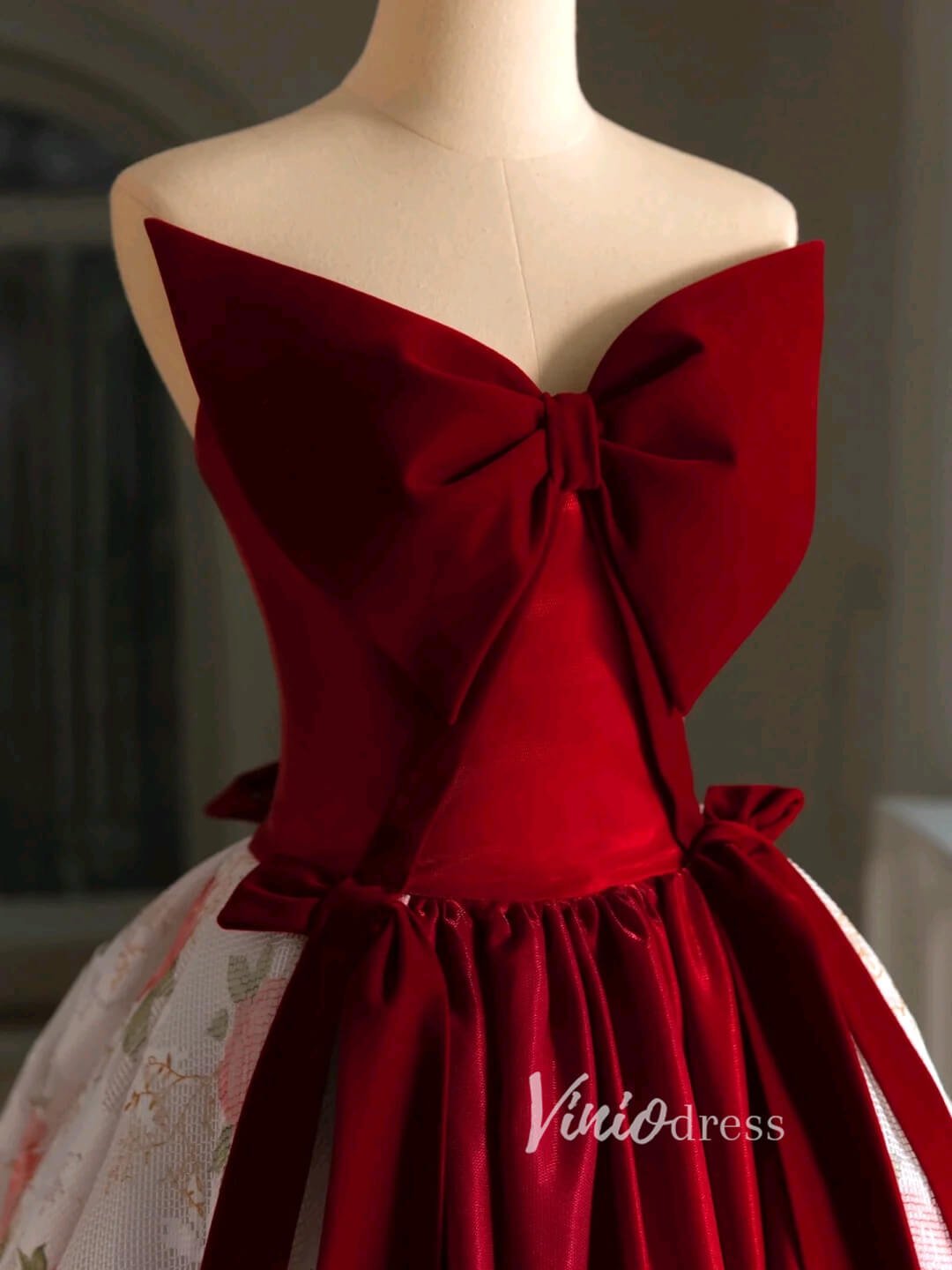 Strapless Pink Floral Lace Ball Gown Prom Dresses with Big Burgundy Bow FD3450-prom dresses 2025 -Viniodress-Burgundy-Custom Size-