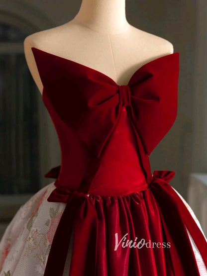 Strapless Pink Floral Lace Ball Gown Prom Dresses with Big Burgundy Bow FD3450-prom dresses 2025 -Viniodress-Burgundy-Custom Size-