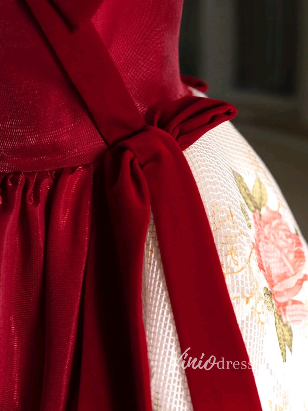 Strapless Pink Floral Lace Ball Gown Prom Dresses with Big Burgundy Bow FD3450-prom dresses 2025 -Viniodress-Burgundy-Custom Size-