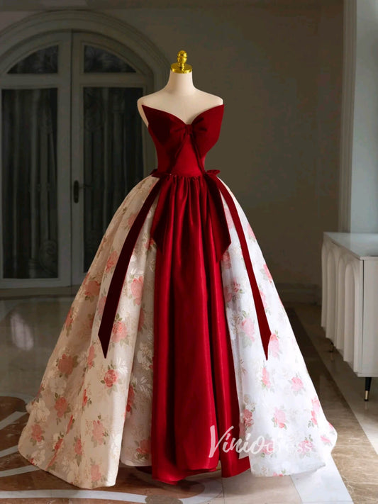 Prom Dress 2025 Strapless Pink Floral Lace Ball Gown Prom Dresses with Big Burgundy Bow FD3450-unique prom dresses-Burgundy-Custom Size-Viniodress