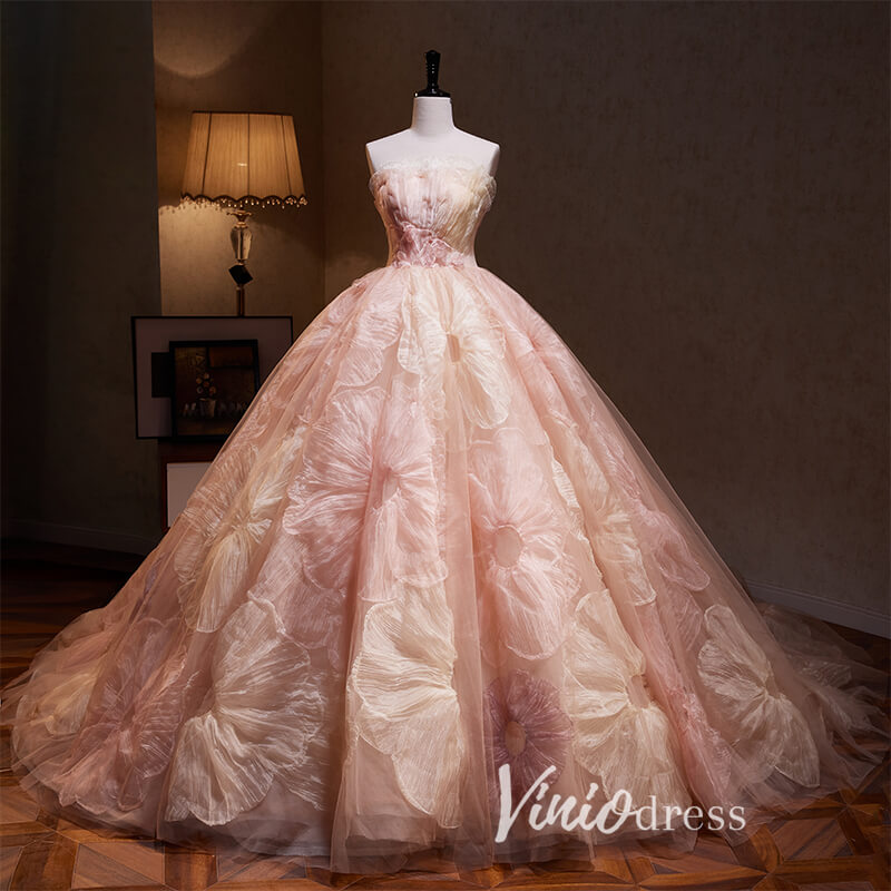 Strapless Pink Flower Ball Gown Wedding Dresses FD3410-wedding dresses-Viniodress-Viniodress