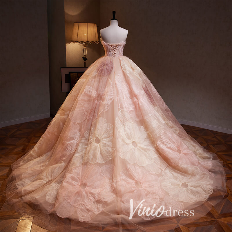 Strapless Pink Flower Ball Gown Wedding Dresses FD3410-wedding dresses-Viniodress-Viniodress