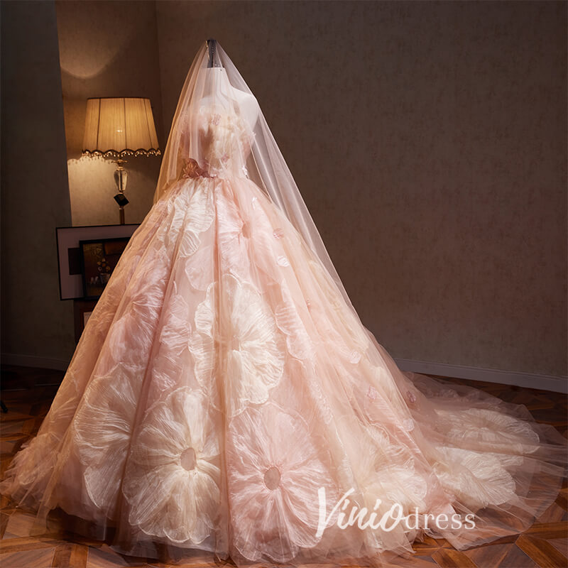 Strapless Pink Flower Ball Gown Wedding Dresses FD3410-wedding dresses-Viniodress-Viniodress