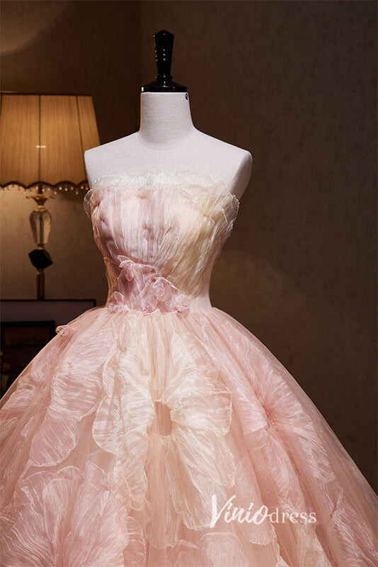 Strapless Pink Flower Ball Gown Wedding Dresses FD3410-wedding dresses-Viniodress-Viniodress