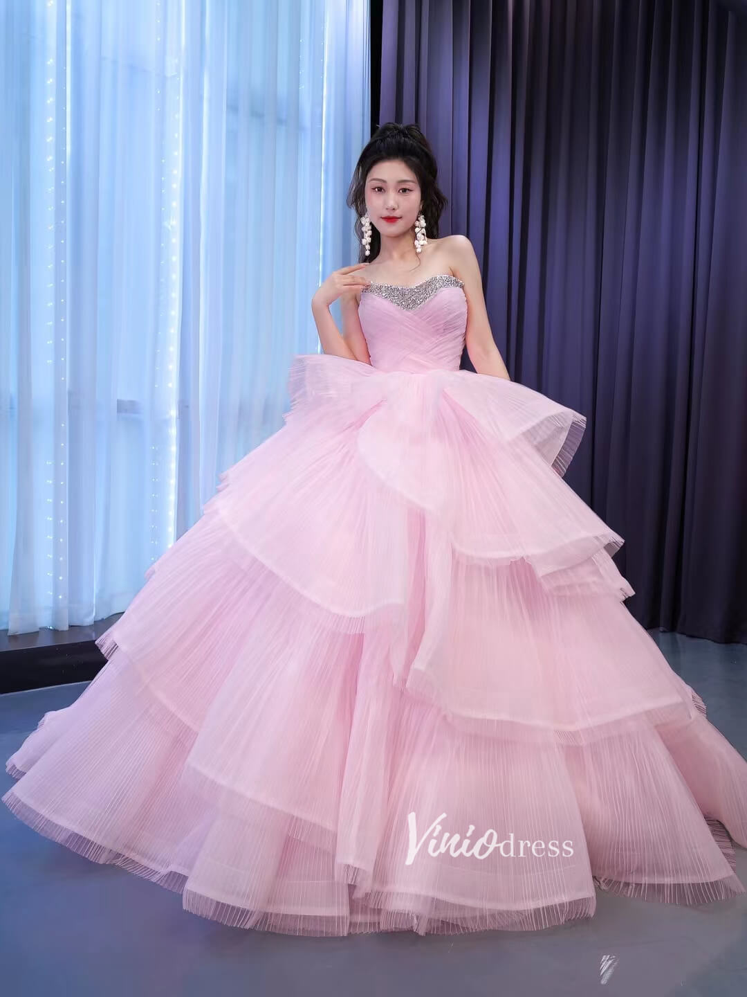 Prom Dress 2025 Strapless Pink Prom Ball Gown Layered Princess Quince Dress 67446-unique Quinceanera Dresses-Pink-Custom Size-Viniodress