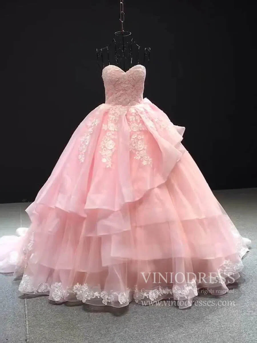 prom dresses 2025 Strapless Pink Quinceanera Dress Sweetheart Layered Ball Gown Prom Dress FD1181 viniodress-plus size wedding dresses Viniodress-Pink-Custom Size-