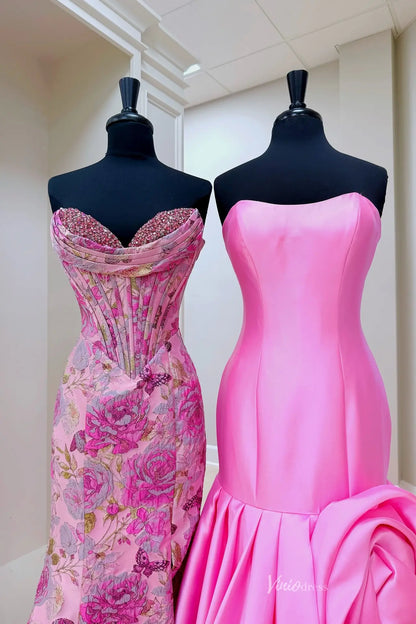 Strapless Bright Pink Satin Mermaid Prom Dress with Dramatic Rosette Detail and Draped Bubble Skirt SS320-Evening Dresses 2026-Viniodress-Hot Pink-Custom Size-