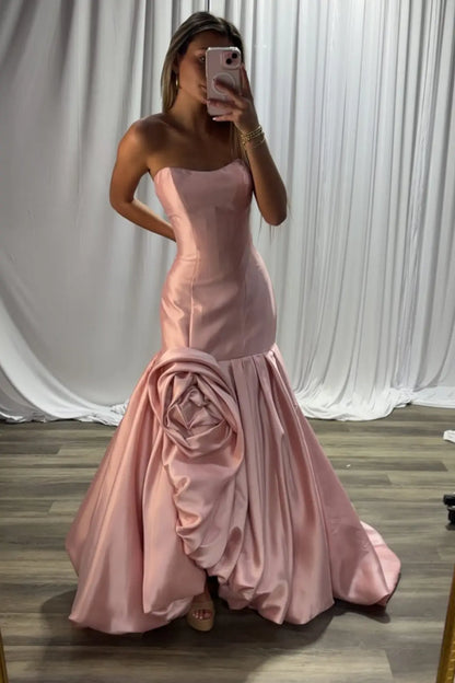 Strapless Pink Satin Mermaid Prom Dress with Dramatic Rosette Detail and Draped Bubble Skirt SS320-Evening Dresses 2026-Viniodress-Blush-Custom Size-