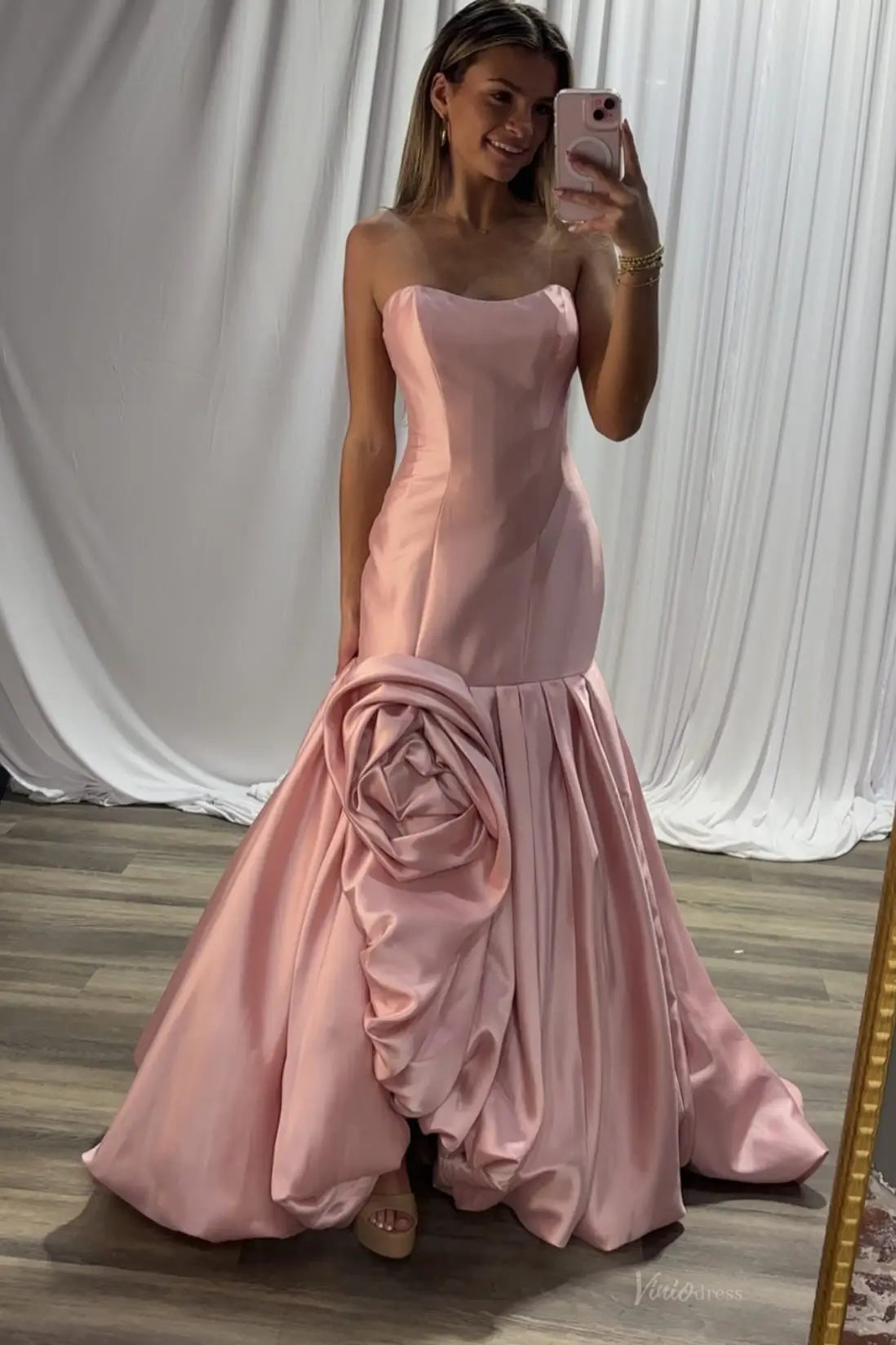 Strapless Pink Satin Mermaid Prom Dress with Dramatic Rosette Detail and Draped Bubble Skirt SS320-Evening Dresses 2026-Viniodress-Blush-Custom Size-