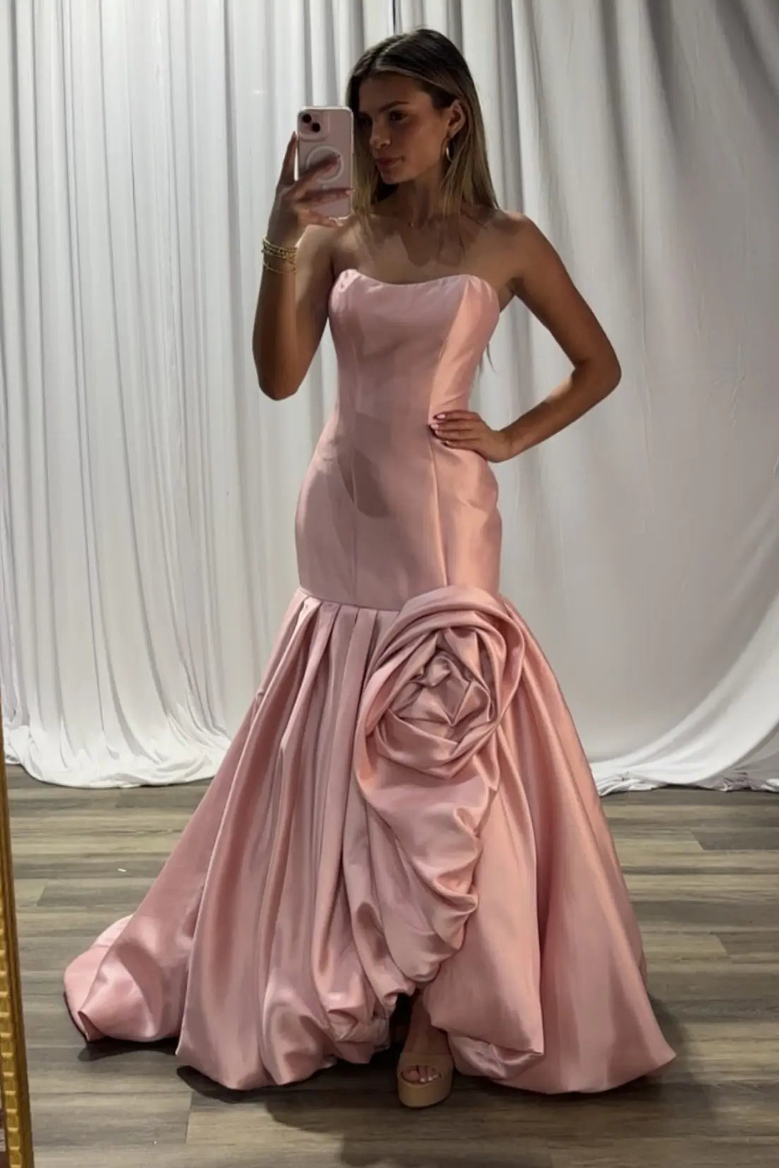 Strapless Pink Satin Mermaid Prom Dress with Dramatic Rosette Detail and Draped Bubble Skirt SS320-Evening Dresses 2026-Viniodress-Blush-Custom Size-