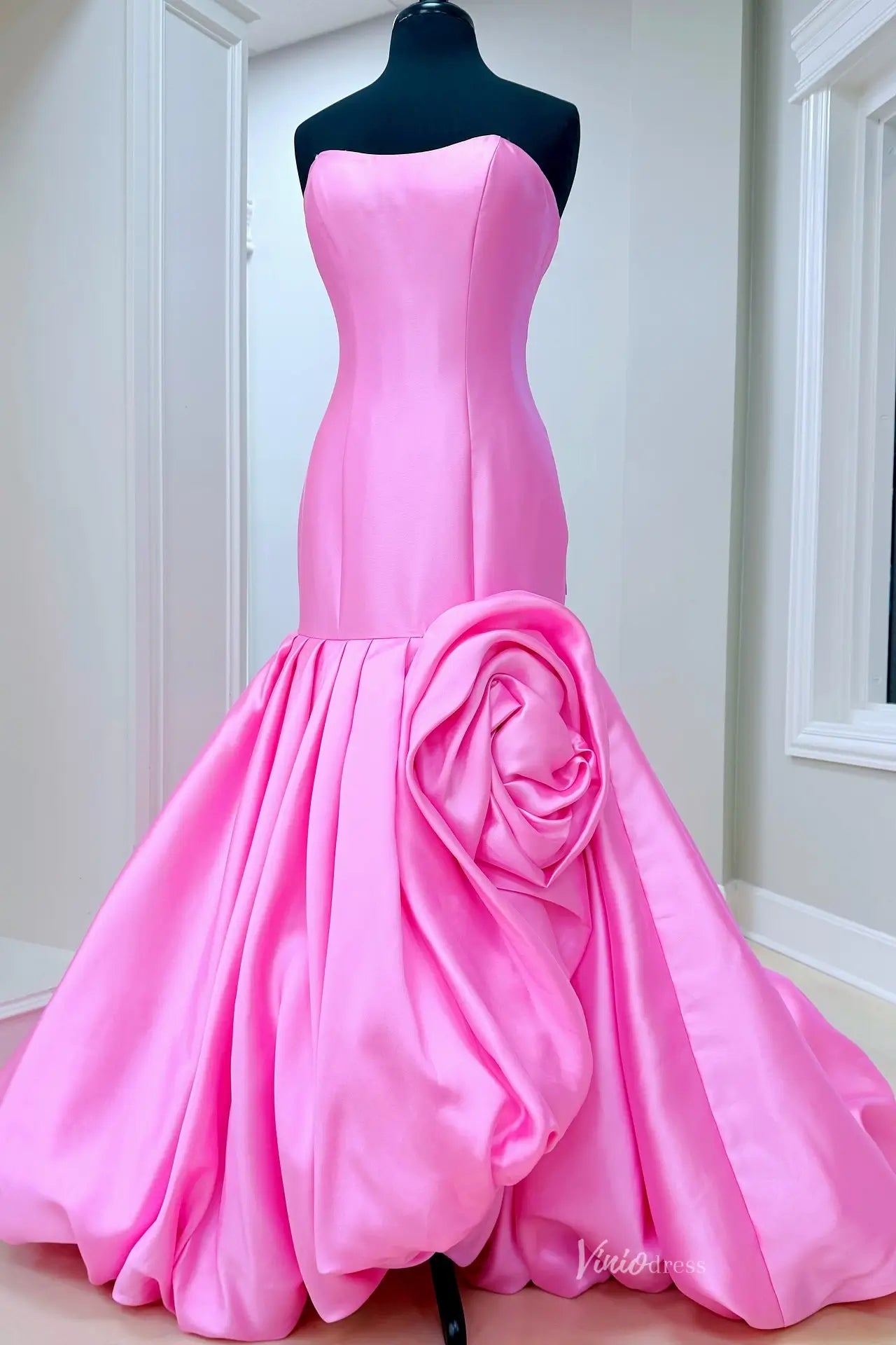Strapless Bright Pink Satin Mermaid Prom Dress with Dramatic Rosette Detail and Draped Bubble Skirt SS320-Evening Dresses 2026-Viniodress-Hot Pink-Custom Size-
