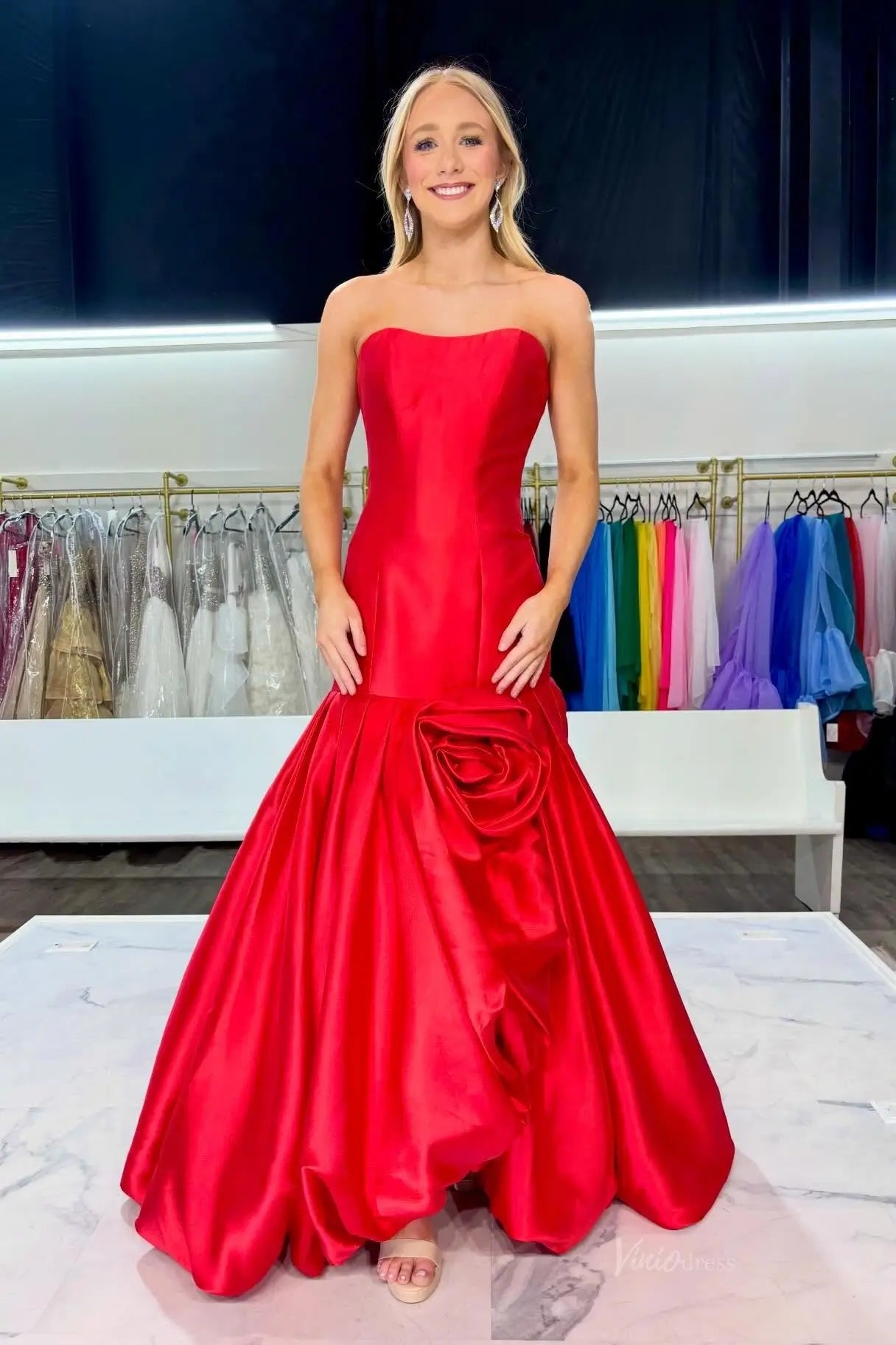 Strapless Pink Satin Mermaid Prom Dress with Dramatic Rosette Detail and Draped Bubble Skirt SS320-Evening Dresses 2026-Viniodress-Red-Custom Size – Add Measurements in Cart-