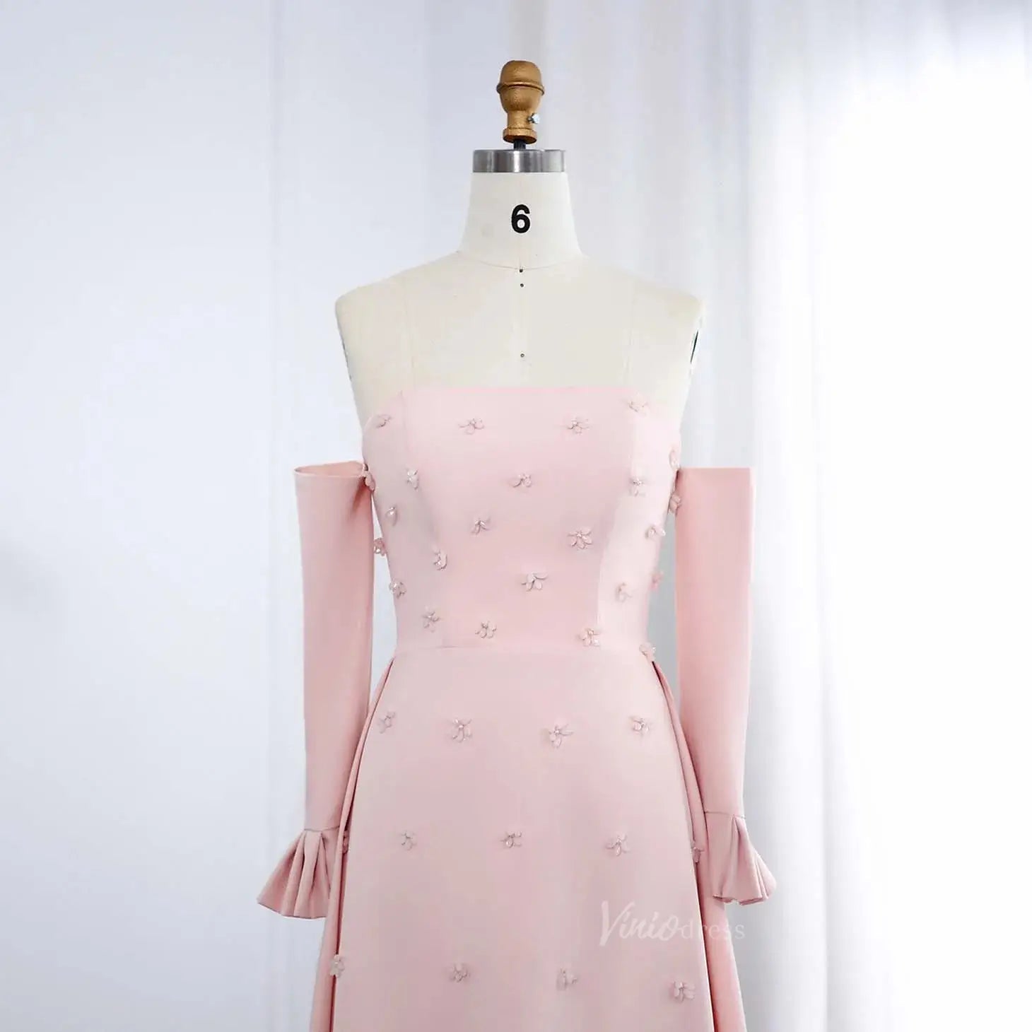 Strapless Pink Satin Prom Dresses Crystal Flower Formal Dresses with Sleeves BD014-Evening Dresses 2025 -Viniodress-Pink-US 2-