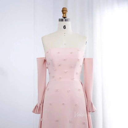 Strapless Pink Satin Prom Dresses Crystal Flower Formal Dresses with Sleeves BD014-Evening Dresses 2025 -Viniodress-Pink-US 2-