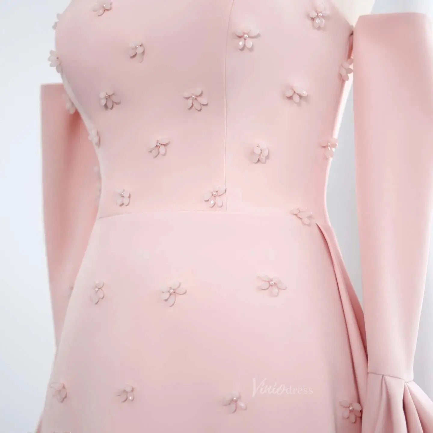 Strapless Pink Satin Prom Dresses Crystal Flower Formal Dresses with Sleeves BD014-Evening Dresses 2025 -Viniodress-Pink-US 2-