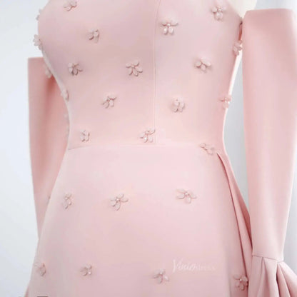 Strapless Pink Satin Prom Dresses Crystal Flower Formal Dresses with Sleeves BD014-Evening Dresses 2025 -Viniodress-Pink-US 2-