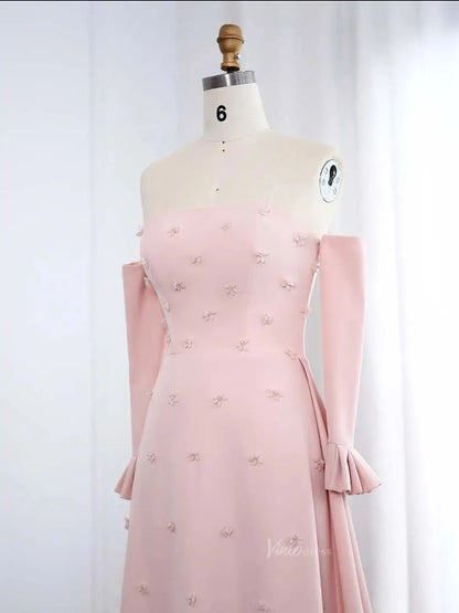 Strapless Pink Satin Prom Dresses Crystal Flower Formal Dresses with Sleeves BD014-Evening Dresses 2025 -Viniodress-Pink-US 2-