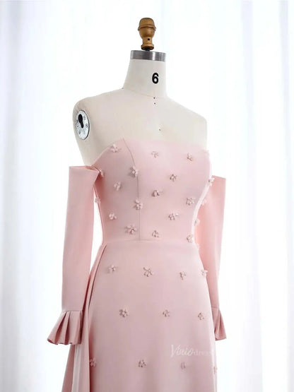 Strapless Pink Satin Prom Dresses Crystal Flower Formal Dresses with Sleeves BD014-Evening Dresses 2025 -Viniodress-Pink-US 2-